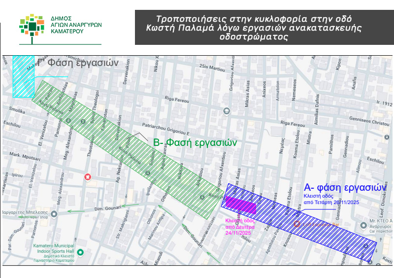 Τροποποιήσεις στην κυκλοφορία στην οδό Κωστή Παλαμά λόγω εργασιών ανακατασκευής οδοστρώματος